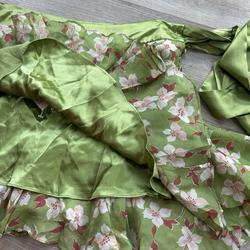 VTG Abercrombie & Fitch Silk Skirt Womens 8 Green Floral Ruffle Wrap Mini Skirt - Picture 2 of 7
